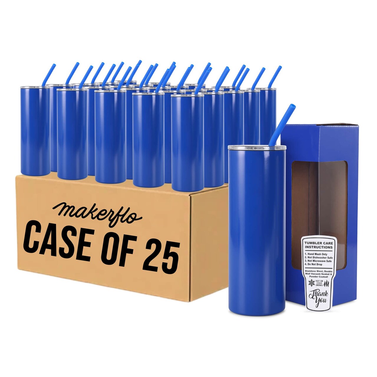 MakerFlo 20oz Skinny Powder-Coated Glossy Tumbler with Optional Handle – Case of 25 – Includes Leak-Proof Lids, Silicone Straws & Gift Boxes – Customizable for Laser Engraving, UV Printing, and Epoxy